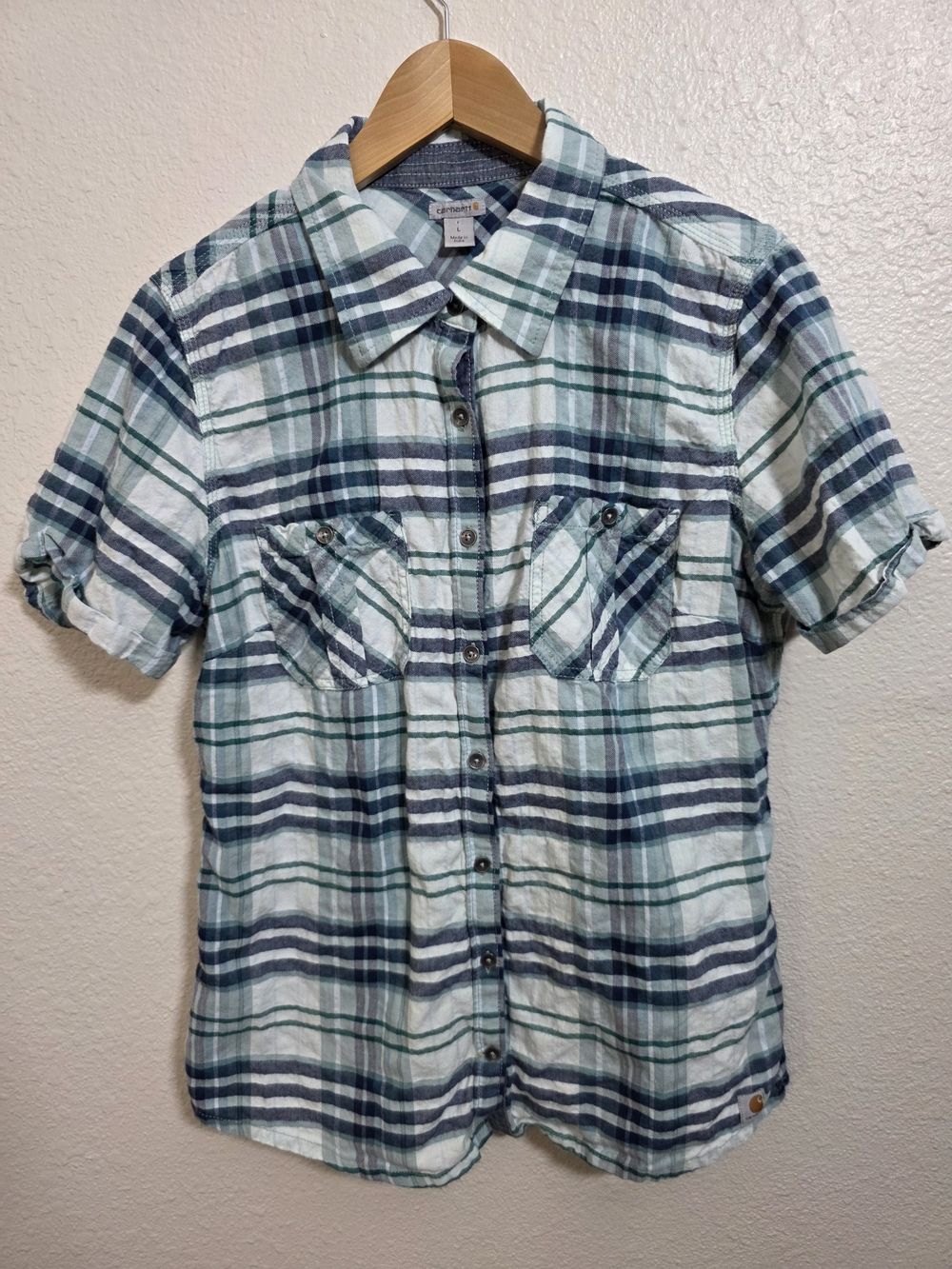 Carhartt Women's Short Sleeve Plaid Button-Up Shirt - Blue/Green